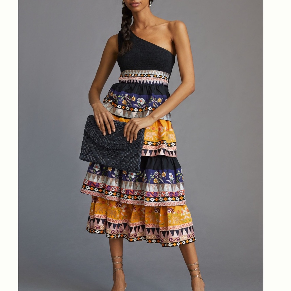 🐘Anthropologie Embroidered Midi Dress One-Shoulder Tiered Dress New 8 Black - Picture 2 of 15